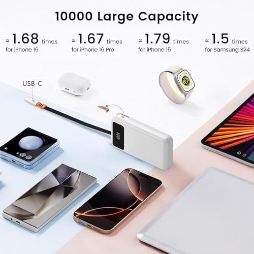 LUCKYDUO 10000 m Ah Power Bank with Retractable 2.3 ft Charging Cable – Ultra-Compact Fast Charging USB-C Battery Pack for i Phone 16/15/Pro & Samsung – LED Display for Travel-Friendly Power Solution and Universal Device Compatibility