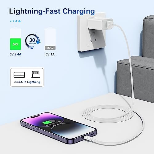 Dual Pack 6 Ft Apple MFi Certified Lightning to USB Charging Cables – Fast 2.4 A Power for i Phone 14/13/12/11/X/XS/XR/8/7/6/SE Plus Pro Max Mini – Durable and Flexible Design for Home, Office, and Travel Use – Enhanced Compatibility and Speed for Seamless Charging Experience