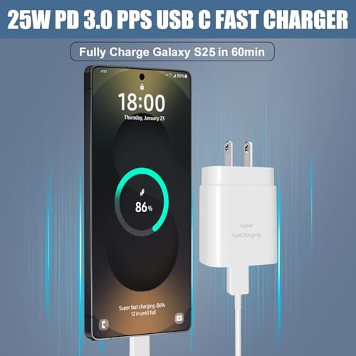 Elevate Your Charging Experience: 25 W USB C Fast Charge Block with 10 Ft Type C Cable for Samsung Galaxy S21-S24 & Note 20 – Optimal Power Delivery for Home and Travel – Exceptional Speed, Enhanced Safety Features, and Ultimate Compatibility for Android Devices