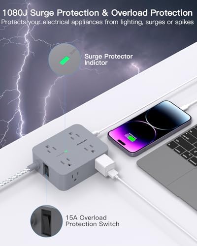 HANYCONY 6 ft Surge Protector Power Strip with 8 Outlets & 2 USB-C Ports – Essential College Dorm Extension Cord with Space-Saving Flat Plug for Fast Charging and Device Safety – Perfect for Home Office and Tech Needs