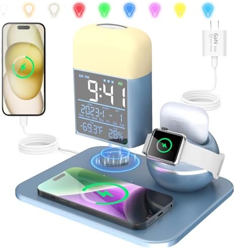 Elevate Your Charging Experience: 3-in-1 Wireless Charging Station with Night Light & Alarm Clock for i Phone 11-16 & Apple Watch – Fast 30 W Ga N Charger – Sleek Blue Design for Modern Living Spaces