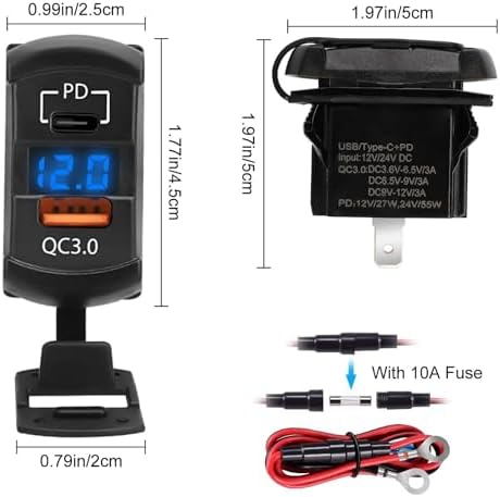 Ultimate 12 V Dual USB Fast Charger with QC3.0 & PD Type C – Marine Boat & RV Compatible Adapter Featuring LED Voltmeter for Real-Time Voltage Monitoring – Reliable Power for All Your Devices on the Go