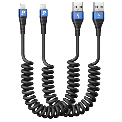 Premium Coiled Lightning Charger Cable for Car – 2-Pack with 3 FT & 5 FT Lengths, MFi Certified Retractable Cord for i Phone 14/13/12/11 Pro Max/XS MAX/XR/XS/8, i Pad & i Pod – Fast Charging & Enhanced Compatibility for Effortless Power on the Road