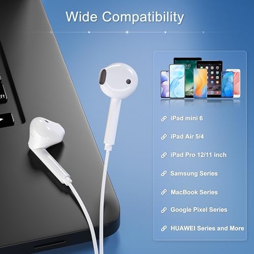 High-Fidelity USB C Wired Headphones with Integrated Charging Port for i Phone 15 Pro Max, i Pad Air, Mac Book & USB-C Devices – Premium Audio Earbuds for Uninterrupted Listening Experience with Lenovo, Dell, Samsung, and Google Pixel Compatibility