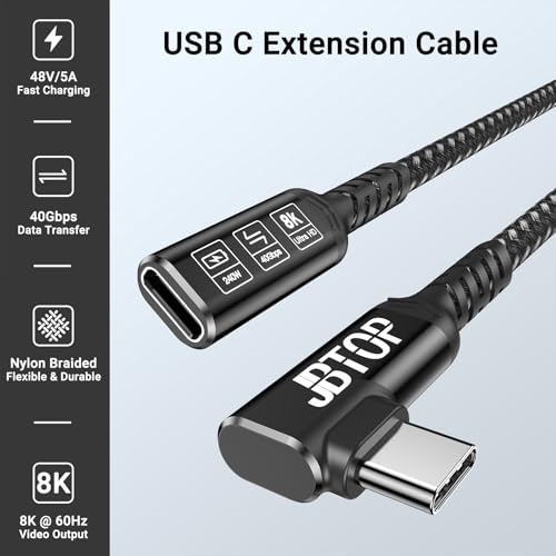 Innovative L-Shaped USB C Extension Cable (2 Pack, 6.6 Ft) – 240 W Power Delivery, 40 Gbps High-Speed Data Transfer, Durable Nylon Braided Design for i Phone 16, i Pad, Mac Book & Mag Safe – Optimal Flexibility for Tightly Spaced Connections