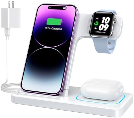 Revolutionary DUMTERR 3-in-1 Fast Wireless Charging Station for i Phone 16/15/14/13/12, Apple Watch Series 10, and Air Pods 4 – Sleek Docking Solution for Effortless Desk and Nightstand Organization, Superior Safety Features, and Rapid Charging Efficiency for All Your Apple Devices