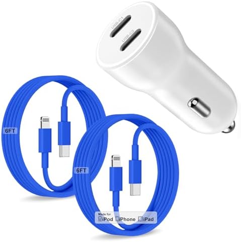 Dual-Port 45 W USB C Car Charger Adapter for Apple Devices – MFi Certified Fast Charger with 3 ft Lightning Cable (Pack of 2) – Rapid Charging for i Phone 14/13/12/11 Pro Max, i Pad, and Air Pods – Durable & Portable Power Solution for On-the-Go Lifestyle