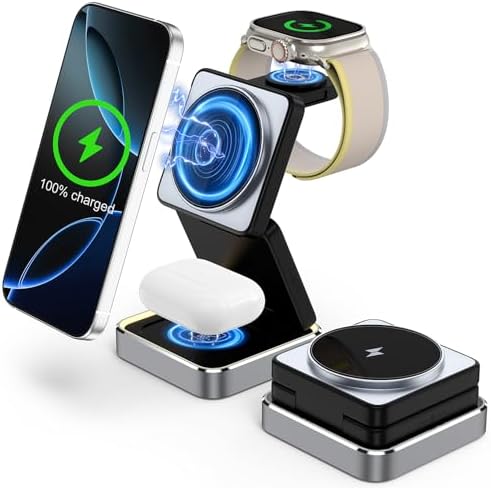 Ultimate 3-in-1 Wireless Fast Charging Station for Apple Devices – Portable Foldable Dock with Mag Safe Compatibility, Ideal for i Phone 16/15/14/13/12 Pro Max, Apple Watch, and Air Pods – Enhanced Speed and Convenience for Travel and Everyday Use