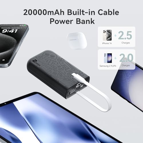 imuto Graffiti Style 20000 m Ah Portable Charger with Built-in Lightning Cable – 22.5 W Fast Charging Power Bank for i Phone, Samsung, i Pad, and All Smartphones – Essential Travel Accessory with LED Battery Display and Unique Design