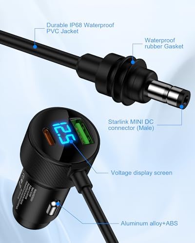 Starlink Mini Car Adapter – Dual-Port Waterproof Fast Charger with PD30 W & QC18 W, 10 FT 12 V DC Power Cable for Ultimate Compatibility in Cars, Trucks, Vans, and Yachts – Reliable Power On-the-Go