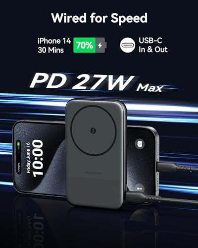 Ultra-Slim 10000 m Ah INIU Mag Safe Portable Charger with 27 W Fast Charging – Magnetic Power Bank for i Phone 15 Series, Foldable Stand & USB-C Connectivity for Effortless Wireless Charging on the Go