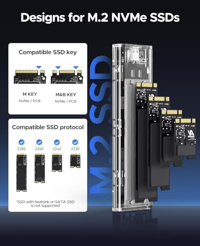 ORICO Transparent M.2 NVMe SSD Enclosure – Ultra-Fast USB 3.2 Gen 2 Adapter for PCI-E M-Key SSDs (2280/2260/2242/2230) – Lightweight and Durable External Solid State Drive Case with Tool-Free Setup and USB Type-C Support for Seamless Data Transfer