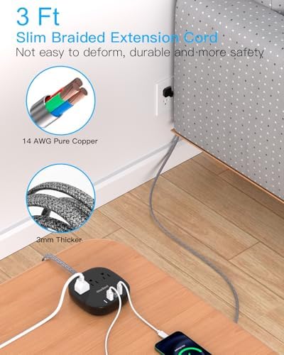 10 Ft Flat Plug Power Strip with 3 AC Outlets & 4 USB Ports, Ideal Desktop Charging Station for Cruise Ships & Dorms – Compact Design & Fast Charging for Multi-Device Use