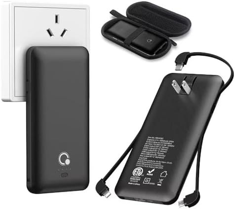 Ultimate Q 10000 m Ah Slim Power Bank with Built-in AC Plug – Ultra-Portable Charger for i Phone, Samsung, Android & Tablets – Four Output Ports for Simultaneous Charging, Includes Micro USB & USB-C Cables – Experience Enhanced Compatibility & Rapid Power on the Go