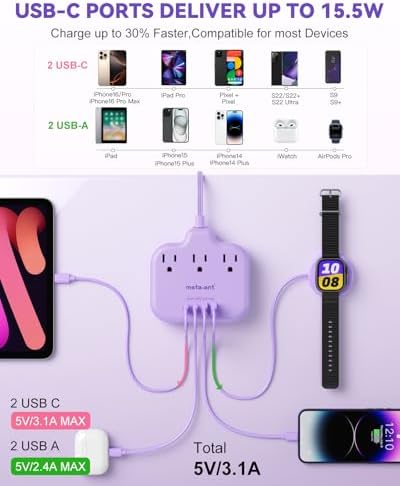 Stylish Brown Travel Power Strip with 5 Ft Cord – Compact Extension Solution Featuring 3 AC Outlets & 4 USB Ports (2 USB-C) for Rapid Charging – Ideal Desk Accessory for Tan Wood and Walnut Grain Décor – Maximize Functionality & Aesthetics in Any Space