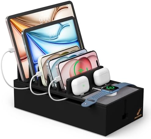 Pezin & Hulin Eco-Friendly Bamboo Cable Management Box – Sleek Desktop Organizer with 6 Cables for Tidy Charging Station, Stylish Wire Organizer for Electronic Devices, Enhances Workspace Efficiency and Aesthetics