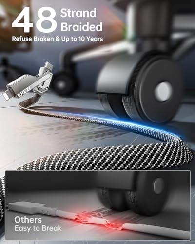 SHEZI 2-in-1 USB C and Lightning Charging Cable – 180 W Fast Charging Solution with 480 Mbps Data Sync – Durable 5 FT Flat Nylon Braided Design for i Phone, i Pad, Samsung and More – Universal Compatibility for Effortless Connectivity