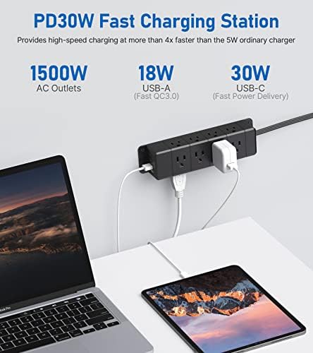 Maximize Workspace Efficiency with the 45 W USB-C Fast Charging Power Strip – 12 Outlets, 4 USB Ports, 1200 J Surge Protection, and 6 FT Flat Extension Cord for Seamless Under Desk Mounting and Enhanced Device Compatibility