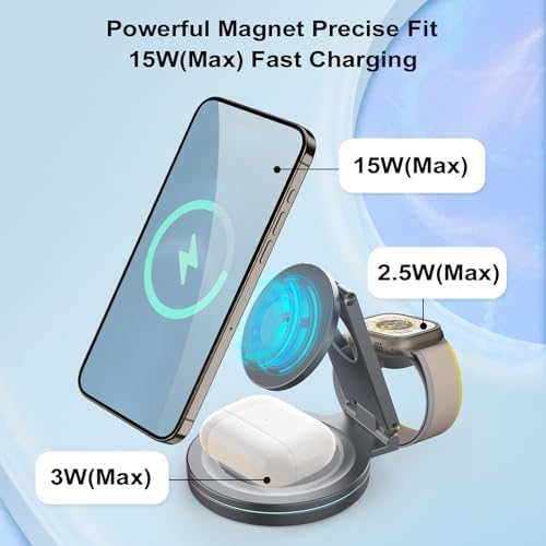 Revolutionary 3-in-1 Foldable Magnetic Wireless Charging Station for i Phone, Apple Watch & Air Pods – 15 W Fast Charge, 360º Rotatable Zinc Alloy Design – Portable Power Hub with Adapter for Seamless Compatibility and Superior Durability in Gray