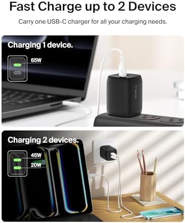 Belkin 65 W Dual USB-C Fast Charger Block – Super Charging PD3.0 with Ga N Efficiency for i Phone 16, Samsung Galaxy S25, Mac Book & More – Dual Port Power Adapter for Rapid Device Charging – Sleek White Design for Modern Aesthetics – Ideal for Multitasking and On-the-Go Lifestyle