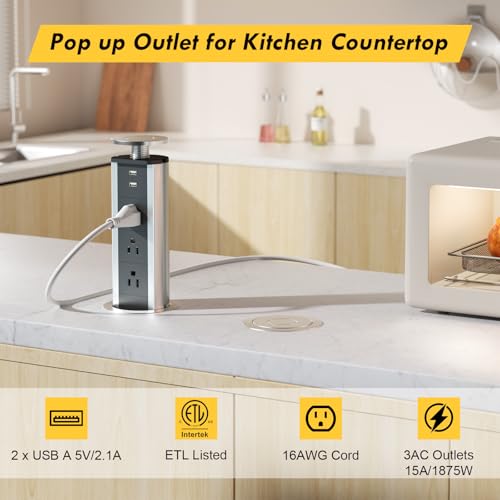 Elevate Your Charging Station with the Kungfuking Retractable Pop Up Outlet Socket – Versatile Power Hub Featuring 3 US Plugs & 2 USB Ports for Kitchen Counters, Conference Rooms, and Office Spaces, Sleek Black Design for Modern Aesthetics, Efficient Charging & Clutter-Free Organization