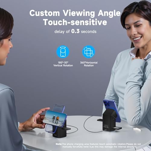Revolutionary 3-in-1 Rotating Wireless Charger – Qi2 Certified 15 W Fast Charging Station for i Phone 16/15/14/13/12, Apple Watch & Air Pods – Enhanced Heat Management & Magnetic Alignment – Sleek Matte Design with Touch-Sensitive Stand and Ambient Night Light – Effortless Portrait/Landscape Mode for Seamless Use – Ultimate Charging Solution for All Your Apple Devices – Organized Desktop Power Hub with Smart IC Protection – Includes Power Adapter & USB-C Cable – Perfect for Home, Office, or Travel
