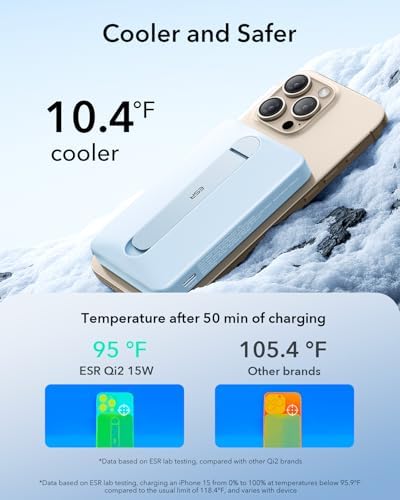 ESR Mag Safe 10,000 m Ah Portable Charger with Kickstand – Qi2 Certified 15 W Fast Charging Power Bank for i Phone 16/15/14/13/12 – Sleek Black Design with LED Display & 27 W USB-C Output for Effortless Charging On-the-Go