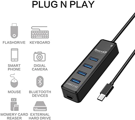 Smart Q H302 USB 3.0 Hub – 4-Port Connectivity Solution with Long Cable Options for Seamless Data Transfer up to 5 Gbps, Micro-B Charging for All Devices, Includes USB C Adapter – Boost Your Productivity & Versatile Workspace Efficiency