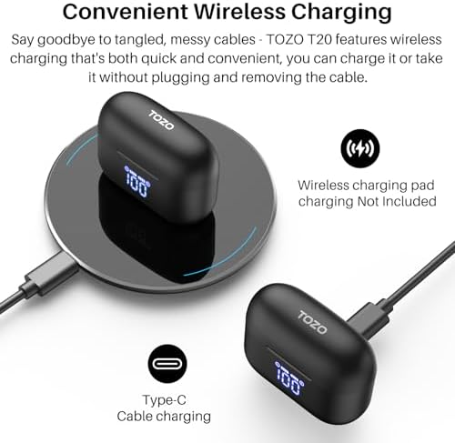 TOZO T20 Wireless Earbuds – Ultimate 48.5 Hour Playtime, IPX8 Waterproof Design for All-Weather Use, Dual Microphone Noise Cancellation for Clear Calls, 10 mm Speakers Delivering Rich Audio, Advanced 2025 Bluetooth Connectivity with Real-Time LED Battery Display