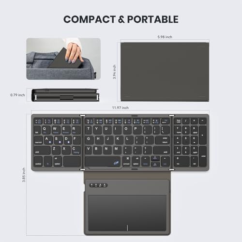 Ultimate Portable Bluetooth Keyboard with Touchpad – Foldable Full-Size Wireless Keyboard for Windows, Android & Mac – Sync 3 Devices, Premium PU Leather Design for Travel & Home Use