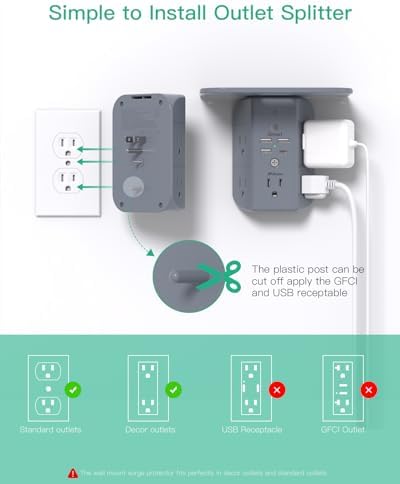 Revolutionary Wall Outlet Extender with Integrated Shelf & Adjustable Night Light – 5 USB Ports Including Rapid USB-C Charging, Surge Protection, and Compact Design for Enhanced Organization and Efficiency