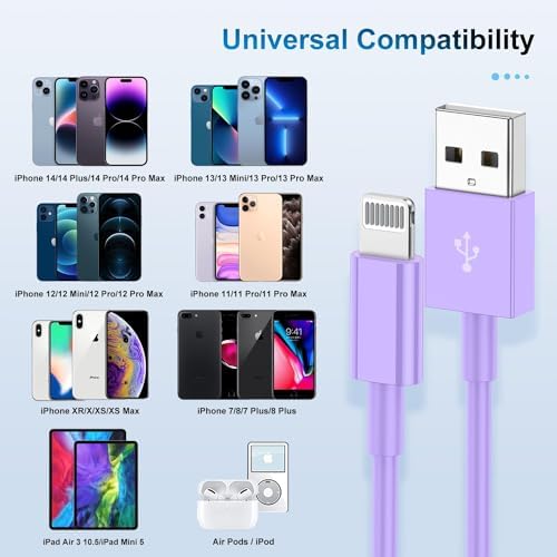 Premium 3-Pack Apple MFi Certified Lightning to USB Charger Cables – 6 FT Durable Fast Charging Cords for i Phone 13/12/11/11 Pro/11 Max/X/XS/XR/XS Max/8/7/6 – Enhanced Performance and Extended Reach for Seamless Device Connectivity