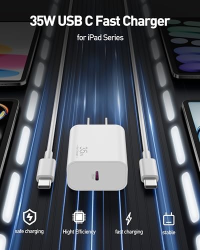 35 W USB-C Rapid Charging Wall Adapter with 6 FT Type-C Cable for i Pad Pro 2024/2022/2021/2020, Air 6/5, Mini 7/6 – Ultra-Portable, High-Efficiency Charger for Professionals and Students, Optimized for Seamless Device Compatibility and Speed
