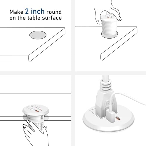 Revolutionize Your Workspace with the 2-Inch Desk Power Grommet Featuring PD 20 W USB-C Fast Charging, Ultra-Flat Plug Design, and Recessed Outlet for Seamless Cable Management – Perfect for Home or Office Use with 6 ft Power Cable (White)