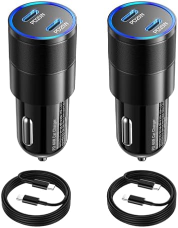 Dual USB Type C Car Charger 2 Pack – Fast Charging Cigarette Lighter Adapter for i Phone 16/15/14/13/12 & Samsung Galaxy S24/S23/S22 – Includes Two 6 FT Cables for Enhanced Travel Convenience and Universal Compatibility – Reliable Power On-the-Go