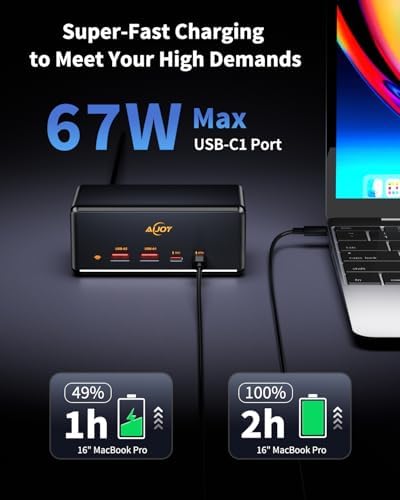 67 W Ga N USB-C Fast Charging Hub – 6-in-1 Power Station with Dual AC, USB-A & USB-C Ports, 5 ft Extension Cord, Ideal for Desktop, Office & Nightstand Use – Enhanced Speed, Versatility, and Device Compatibility