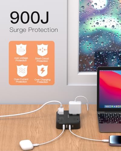 10 FT BESHON Surge Protector Power Strip with 4 Outlets & 4 USB Ports – Flat Extension Cord with 2 USB-C for Fast Charging – Space-Saving Flat Plug Design – 900 Joules Surge Protection for Home, Office & Dorm Room Essentials – Ultimate Power Management Solution