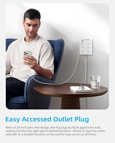 5 FT Ultra Thin Power Strip with 6 AC Outlets & 4 USB Ports (2 USB-C) – Sleek Surge Protector for Home & Office Charging Solutions, Compact Wall Charger for Efficient Power Distribution and Device Safety