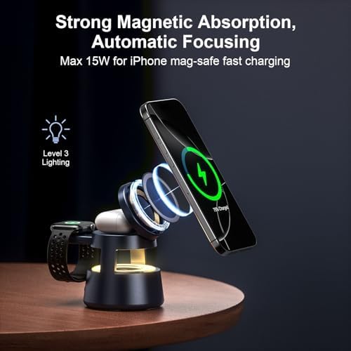 Transform Your Charging Routine with the Ultimate 3-in-1 Magnetic Wireless Charging Station – Seamlessly Power i Phone, Air Pods, and Apple Watch, Featuring Built-in Bluetooth Speaker and Soft Night Light, Foldable Design for Effortless Portability, 20 W Fast Charging Adapter Included for Enhanced Performance