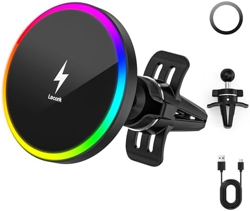 Mag Safe Car Mount Charger with 15 W Fast Wireless Charging – Magnetic Air Vent Holder for i Phone 12-16 Pro Max & Samsung S25 Series – Stylish RGB LED Design for Enhanced Compatibility and Efficient Power Delivery