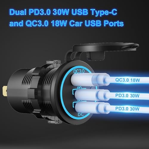 High-Speed 2 Pack 12 V USB Outlet Wired Charger with Dual PD3.0 and Quick Charge 3.0 – Multi-Port Fast Charging Solution for Car, Boat, RV, ATV – Enhanced Compatibility for Phones & Tablets, Energy-Efficient Power Switch