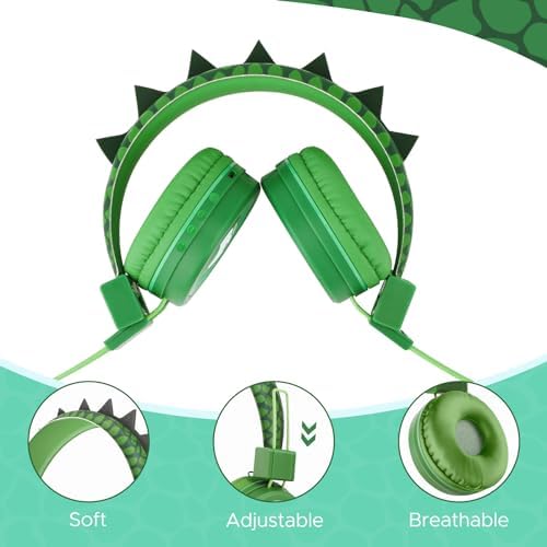 Dinosaur Bluetooth Headphones for Kids – Safe 85 d B Volume Control, Comfortable Over-Ear Design with Built-In Microphone & AUX Input for Tablets and i Pads – Ideal Travel Companion for Young Explorers and Learning Adventures