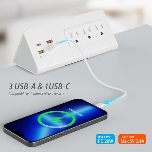 Desk Edge Clamp Power Strip with 4 Fast-Charging USB Ports & 3 AC Outlets – 1875 Joules Surge Protector for Office & Hotel Use, ETL Listed, Space-Saving Design for Convenient Charging Solutions