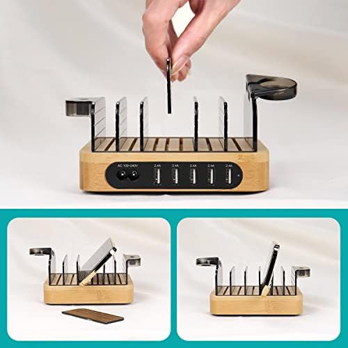 Sustainable Bamboo 5-Port Charging Station: Elegant Desk Dock for Fast, Safe Charging of Smartphones, Tablets, Air Pods & i Watch – Space-Saving Organizer for Home & Office Efficiency