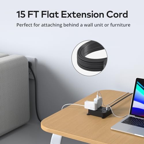 TROND Ultra Thin Flat Extension Cord with 3 USB Ports and 3 AC Outlets – Sleek Wall-Mount Power Strip for Smart Charging in Small Spaces – Perfect for Home, Dorms, and Workstations – Compact Surge Protector for Modern Electronics