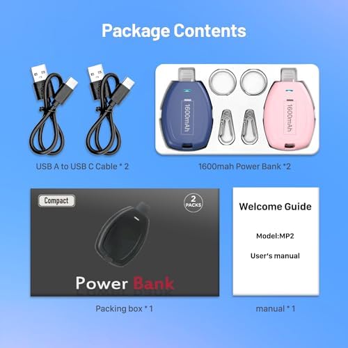 Compact Keychain Power Bank Duo: 1600 m Ah Emergency Charger for i Phone 8, 11, 12, 14 & Air Pods – Ultra-Portable Mini External Battery Pack in Stylish Blue & Pink – Fast Charging & Enhanced Compatibility for On-the-Go Power Solutions