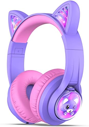 Magical Cat Ear Bluetooth Headphones for Kids – Mesmerizing Gradient Pink with LED Glow, 50-Hour Battery Life, Safe 74/85 d BA Volume Limiting, Superior Bluetooth 5.2 Connectivity & Rapid USB-C Charging for Ultimate Travel Convenience and Enjoyment