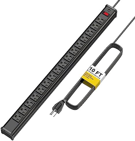 Maximize Workspace Efficiency with the 16 Outlet Heavy-Duty Power Strip – Metal Wall Mount Surge Protector, 10 FT Cord for Industrial Use – ETL Certified for Safety, Versatile Connectivity, and Robust Performance