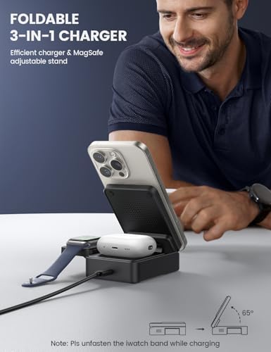 Lamicall 3-in-1 Mag Safe Wireless Charging Station – Foldable & Portable Charger for i Phone 16, 15, 14, 13, Apple Watch, and Air Pods – Fast Multi-Device Power Hub for Travelers and Apple Users – Enhanced Compatibility and Efficiency
