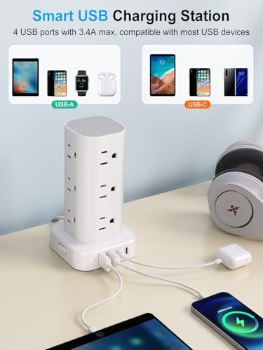Ultimate Power Strip Tower with 15 W Wireless Charger and 10 FT Extension Cord – 12 AC Outlets & 4 USB Ports (2 USB-C) – Space-Saving Surge Protector for Home, Office, and Dorm Use – Advanced Compatibility for All Devices